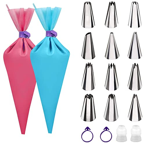 TEQIFU Piping Bags and Tips Set,2 Pack 14 Inch Reusable Food Grade Icing Bags and Tips Set,12-pack Stainless Steel Icing Tips for Baking, Decorating Cake, Cookies, 2 Couplers & 2 Bag Ties Include