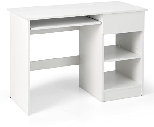 MEDIMALL Home Office Computer Desk with Storage, Multifunctional Writing Desk with Keyboard Tray, Pull-out Drawer & CPU Stand, PC Workstation with Adjustable Shelf, for Bedroom, Study, Office, White