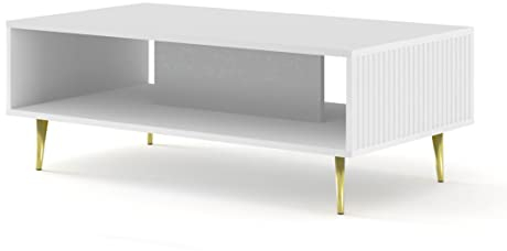BIM Furniture Couchtisch Ravenna B 90 x 60 cm gefräste MDF-Dekorationen auf goldenen Metallbeinen EIN Kaffeetisch Tisch mit Regal (Weiß Matt)