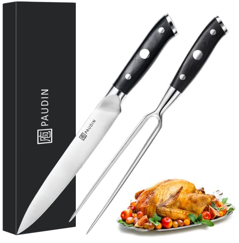 PAUDIN Carving Knife and Fork Set, Meat Carving Knife Set German High Carbon Stainless Steel, Turkey Knives with Ergonomic Handle, Full Tang Professional Brisket Knife for BBQ