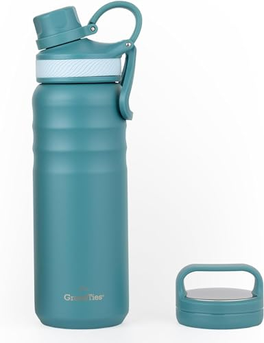 GrandTies 2 Lids Sports Stainless Steel Water Bottles – Wide Mouth Vacuum Insulated Reusable Leak Proof BPA-Free Travel Metal Canteen, Thermal Bottles for Men Women Gym (Atlantis Blue, 24 oz)