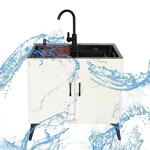 Kitchen Sink White Sink Single Bowl Unit Free Standing Utility Sink with Drainer Unit and Hot Cold Water Tap with Storage Shelves for Indoor Outdoor Laundry Room Bar Restaurant. ( Color : Round Faucet