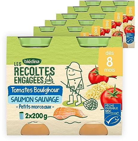 Blédina Les Récoltes Engagées - Tomates, Boulghour et Saumon Sauvage - 12 pots pour bébés dès 8 mois - Lot de 12 pots de 200g
