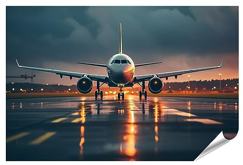 islandburner XXL Bild Poster Flugzeug startet bei Nacht von der Landebahn Premium Bilder Fotodruck JEBE-PGR