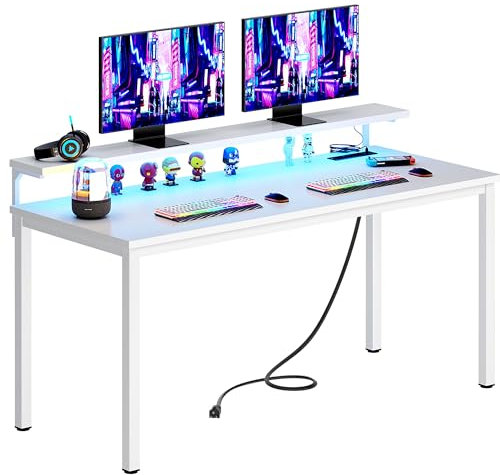 Need 60 inch Computer Desk with LED Lights & Power Outlets, Large Home Desk with Monitor Shelf, Writing Table Gaming Desk Home Office Desk, White