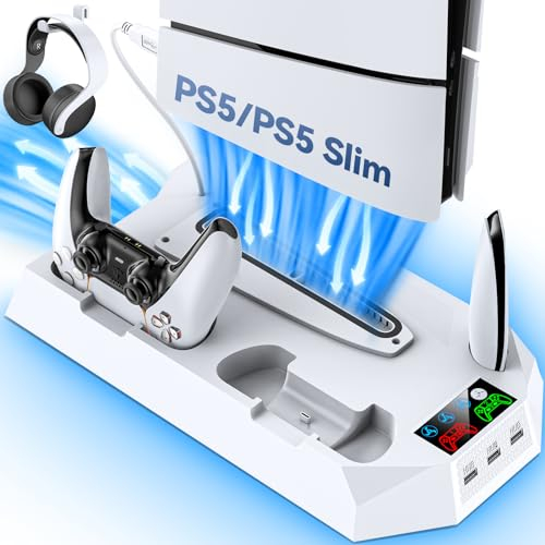 Tokluck Soporte para PS5/ Slim/Pro con Refrigeración y Cargador para PS5 Mando, Ventilador para PS5 Consola de 3 Velocidades con Soporte para Auriculares y 3 USB HUB
