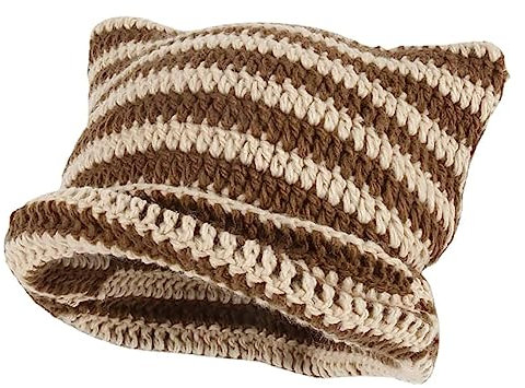 Women's Cat Beanie Crochet Hats with Ears, Slouchy Striped Knit Hat, Trendy Winter Warm Crochet Hat (A)