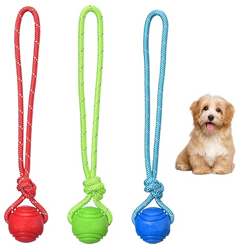 Fayemint 3 Stück Wurfball Hund, Ball für Hunde mit Seil, Wurfball für Hunde, für Apportieren, Fangen, Werfen, Tauziehen,Naturgummiball Seil, Ball für Hunde