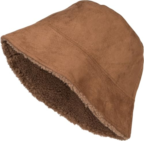 styleBREAKER Unisex Wende Fischerhut in Veloursleder Optik/Teddyfell, Warmer 2 in 1 Wendehut, Bucket Hat Herbst Winter 04025037, Farbe:Cognac