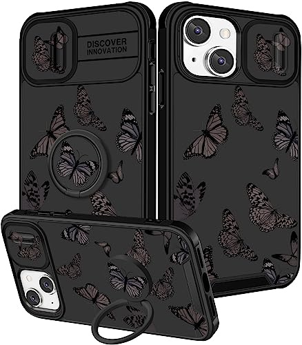 Pegmode (2in1 for iPhone 13 Case/for iPhone 14 Case for Women Black Butterfly Girly Girls Phone Cases Cute Butterflies Design with Camera Cover+Ring Holder Pretty for Apple 13/Apple 14 Cover 6.1''