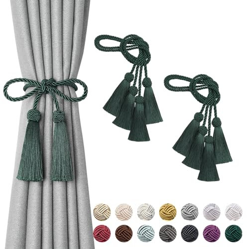 Pretty Jolly 4 Stück doppelte Quaste Vorhang Raffhalter handgemachte Seil Knoten drapieren Raffhalter Krawatte zurück Elegante dekorative Vorhanghalter für Haus & Büro Fenster Draperie (Grün)
