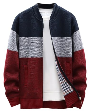 ORANDESIGNE Cardigan Gilet Homme Pull Homme Veste en Maille Chandail Homme Zippé Chaud Cardigan Épais avec Col Montant Tricot Décontractée Polaire Men Sweater Mode Vest B Weinrot XXL