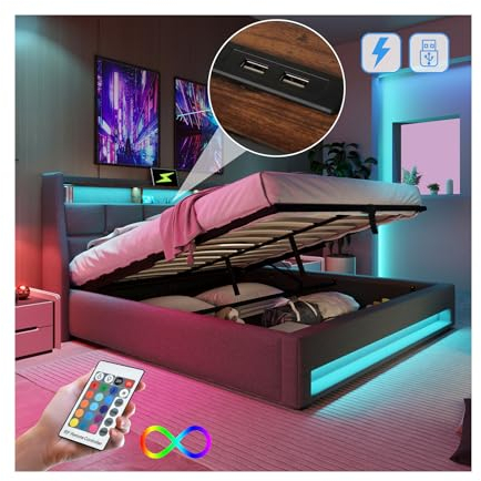 Lit 140x200 avec Sommier LED et USB, Lit Coffre 140x200 avec Rangement et Tete de Lit, Lit Double avec à Lattes Lit 2 Personnes, Lit Rembourré Cadre de lit 140x200(sans Matelas)
