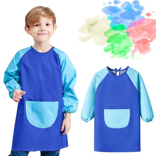1 Stück Malschürze Kinder, Malkittel Kinder 5–11 Jahre, Wasserdicht Malerschürze Bastelschürze, Kleinkinder Kunstkittel, Dunkel Blau Malerkittel mit Lange Ärmel für Junge Schule Kunst Malerei Kochen