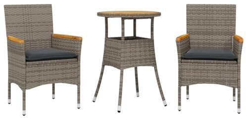 vidaXL Garten Essgruppe 3-TLG., Gartenmöbel Set mit Kissen, Gartengarnitur Tisch 2 Stühle, Lounge Sitzgruppe Sitzgarnitur, Grau Poly Rattan Akazie