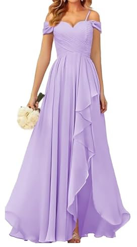 WSEYU Vestidos de dama de honor con hombros descubiertos para boda, vestidos de graduación, vestido largo formal de noche con abertura, Lila, 36