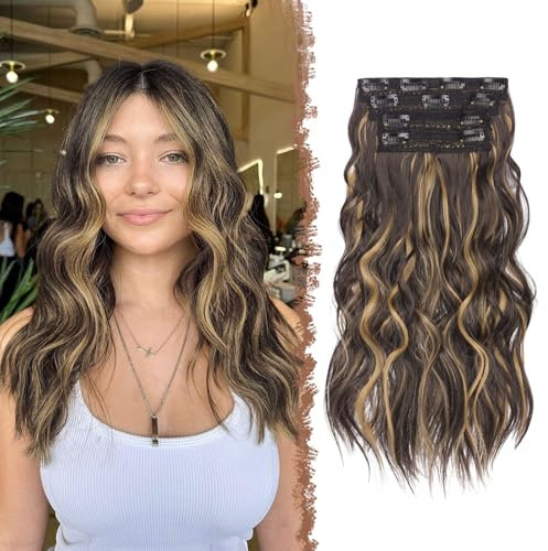 FESHFEN Clip in Extensions, 4PCs Lang Wellig Haarverlängerungen mit Clips Synthetik Gewellt Schokoladenbraun hervorgehoben Karamellblond Haarextension Haar Extensions Clip in Haarteil für Damen 40 cm
