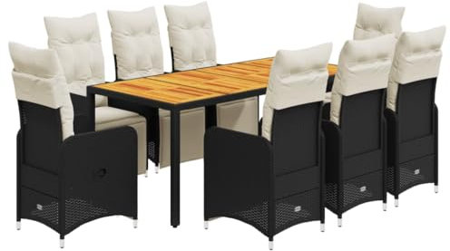 vidaXL Garten Bistroset 9-TLG., Balkonset mit Kissen, Gartenmöbel Tisch 8 Verstellbare Stühle, Balkonmöbel Sitzgruppe Gartengarnitur, Schwarz Poly Rattan