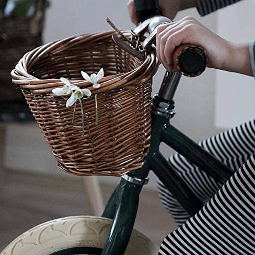 Retro Kinder Rattan Fahrradkorb, 16 Zoll Fahrrad Lenkerkorb, Vorderkorb mit Zwei Verstellbaren Schultergurten, Fahrrad Dekokorb