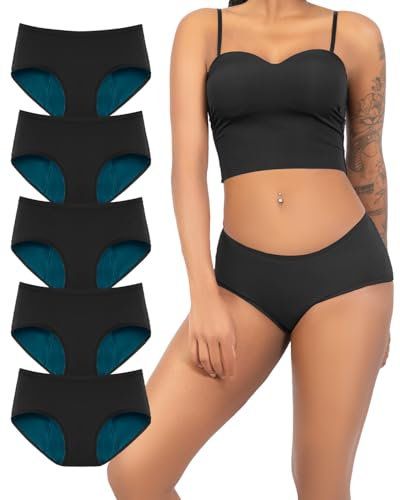 TIICHOO Periodenunterschwäsche Starke Blutung Weich Perioden Unterwäsche Damen Periodenslip 5er Pack(S, Schwarz)
