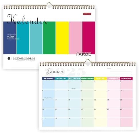 Saiwiimody Kalender 2025 Wandkalender A4 Querformat Wochen Bunter Kalender 2025/2026 18 Monate mit Ferien Famillienplaner Natur zum Aufhängen Mit Jahreskalender Planung, Monatskalender 31 x 21 cm
