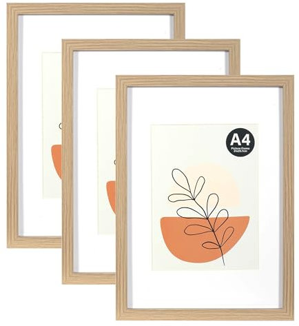 KAIWIN Bilderrahmen A4 Grau 3er Set, 21x29.7cm mit Passepartout 15x20cm, Bilderrahmen Din A4 mit Acrylglas zum Aufhängen und Aufstellen, Posterrahmen, Holz Natur Amerikanische Weiß-Eiche