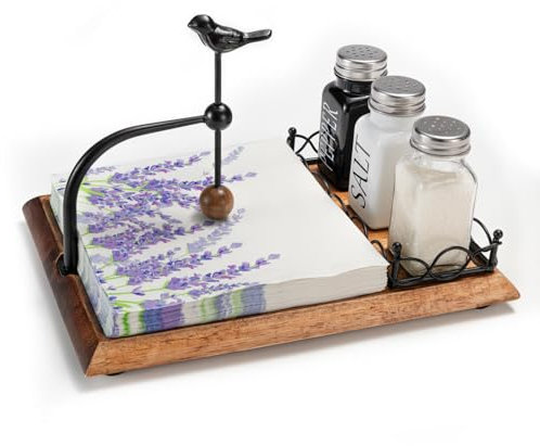 OUSEEN Organisateur de Table Maison de Campagne, Porte-serviettes 2-en-1 et Porte-Épices avec Décor Oiseau, Base en Bois Massif pour Cuisine, Table et BBQ