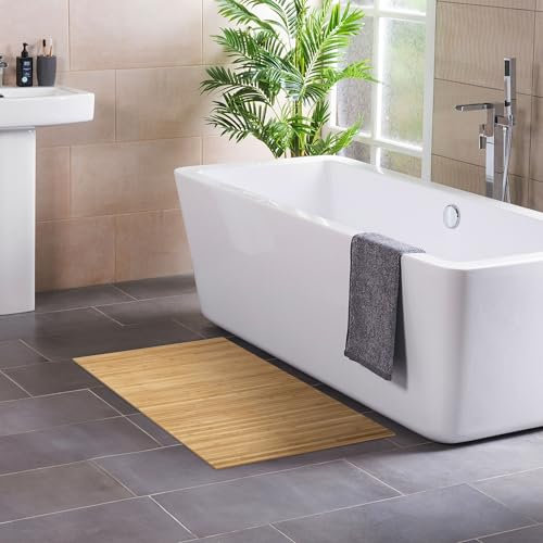 DE-COmmerce Badteppich aus Bambus Lines Nature 50 x 80 cm Badematte Badvorleger Duschmatte rutschhemmend