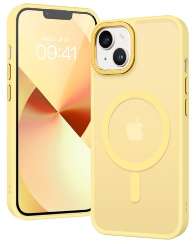 GUAGUA Coque pour iPhone 13/14 Compatible avec MagSafe Protection Antichoc Qualité Militaire Dos Anti Rayures Étui Housse Arrière Translucide Givrée Anti-Empreintes Digitales - 6.1'' (Citron)