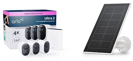 Arlo Ultra 2 4K Security Camera Outdoor Wireless with Solar Panels, 4K UHD Wireless CCTV, Battery Operated, Colour Night Vision, Spotlight, 2-Way Audio, Free Trial of Arlo Secure, 3 Cameras, White