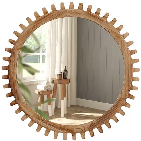 ULIKE Runder Holzspiegel, 76,2 cm, rustikaler Bauernhaus-Kreisspiegel mit Holzrahmen, moderne Wanddekoration für Badezimmer, Kinderzimmer, Schlafzimmer, Wohnzimmer, Eingangsbereich, Braun