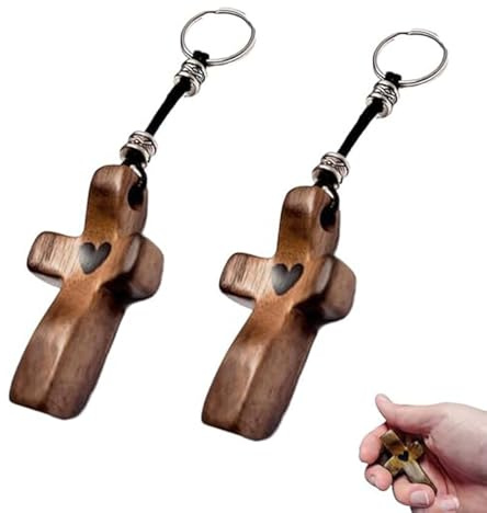 RICOKJRDE Llavero de cruz de madera de nogal artesanal con colgante de corazón, regalo de aliento para la suerte y la felicidad