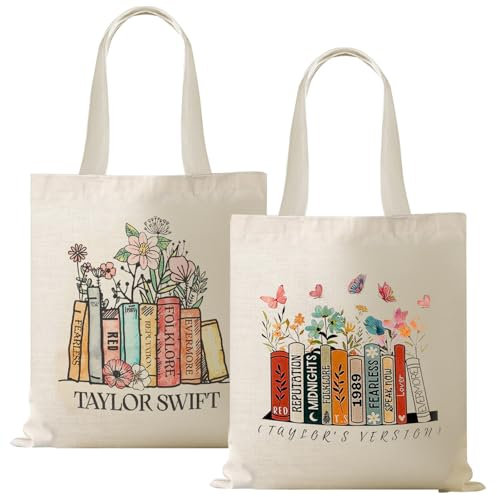 WANDGU 2er Pack Baumwolltasche 35x40 cm: Bedruckte Tragetasche mit Musikdesign, Wiederverwendbarer Jutebeutel für Shopping & Sport, TS Album Inspirierte Tragetasche Dame, Naturfarben (Beige)