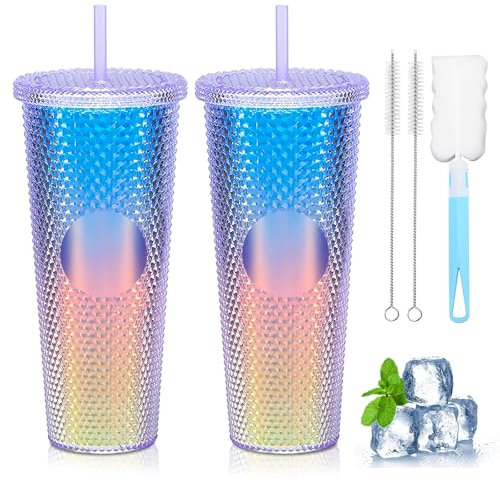 Trinkbecher mit Deckel und Strohhalm 710 ml, 2 Stück Thermobecher mit Strohhalm, Nieten Becher mit Deckel Und Strohhalm, Wasserbecher mit Großem Fassungsvermögen mit Topfbürste