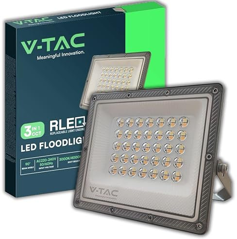 V-TAC Projecteur LED Extérieur 50W - [CHIP Samsung + Technologie RLE] - 5000 Lumens - IP65 - Projecteur LED pour Maison, Jardin, Garage, Entrepôt - Lumière CCT 3 EN 1 Chaude, Froide ou Neutre