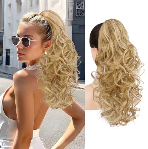 Sofeiyan Pferdeschwanz Haarteil mit Klammer, Lange Wellig Lockig Zopf Extension Claw Clip in Ponytail Extension Synthetik Haarverlängerung für Damen, 43 cm Mittelblond mit Blonden Strähnchen