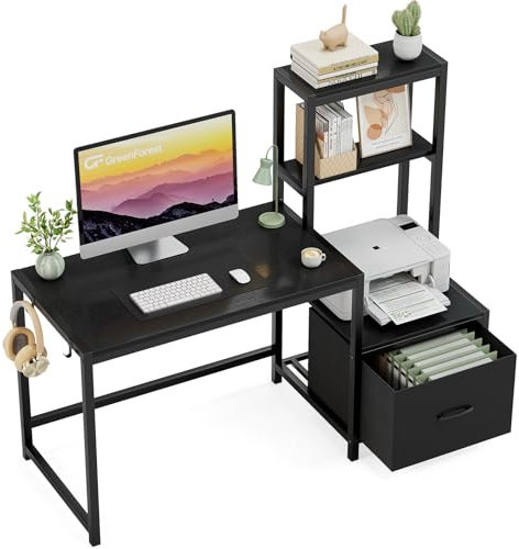 GreenForest Bureau avec 2 Niveaux de Rangement et Étagère Imprimante, Bureau d'Ordinateur Réversible 150 cm avec Tiroir et Crochet Latéral pour Maison Salon, Noir