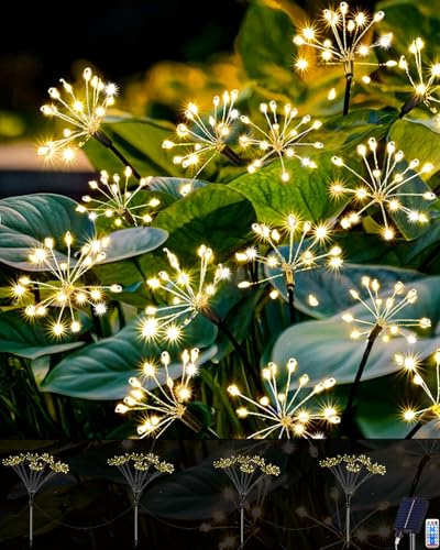 Yomistar Gartenleuchten Solar 4 x 160 LED Solarleuchten für Außen | mit Fernbedienung, 8 Modi Solar Gartenleuchten Wasserdichtes Solarleuchte Feuerwerk für Patio Hof Rasen Deko (Warmeweiß)