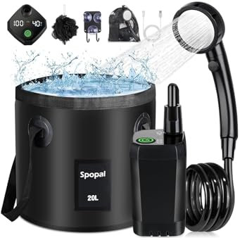 Spopal Portable Shower for Camping, Rechargeable Camping Shower Pump with Folding Bucket, 6000mAh, IPX7 Waterproof, LED Display, 4 Spray Modes, Camping shower for Hiking, Travel, Car, Pet