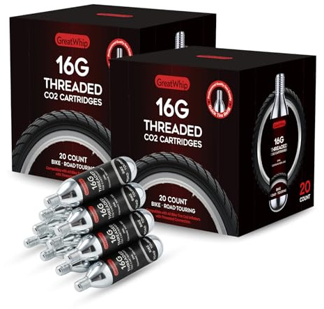 40x 16g CO2 Kartuschen mit Gewinde für Fahrrad – GreatWhip CO2 Kapseln kompatibel mit CO2 Pumpe/Inflator, Ideal für MTB, Rennrad & E-Bike Reifen, schnelles Aufpumpen unterwegs