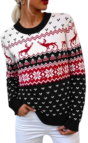 Crewhpo Jersey Navideño Mujer Suéter de Navidad Invierno de Cuello Redondo Manga Larga Ropa de Punto Jerséis con Copos de Nieve de Reno