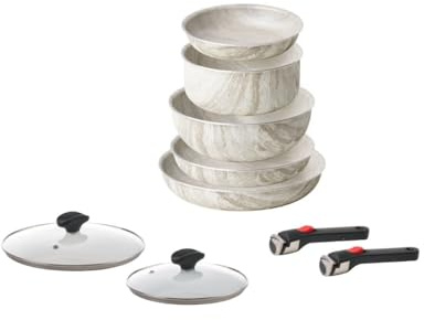 GUZZINI ChefLine MARBLE MADE IN ITALY - SET 9 pezzi: 3 PADELLE (CM 20, 24 e 28), CASSERUOLA (20 cm), WOK (24 cm), 2 COPERCHI e 2 MANICI removibili