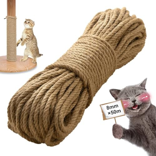 HJYIMYI Sisalseil für Kratzbaum 8mm,50m Starkes Naturfaser Hanfseil (Braun) | Kratzbaum Seil,Natürliches Juteseil,Jute Hanfseil Tau Schnur für Katzen,Kratzseil,Haushalt,Garten,DIY und Verpackungsmaterial