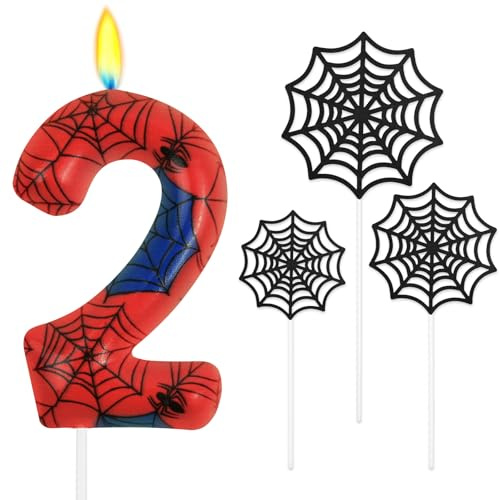Alaoo Spider Theme Party Candles, Birthday Number Candle with 3Pcs Spider Web, Cake Topper Candle for Boys Girls Themed Birthday Halloween Party Decorations (Number 2)