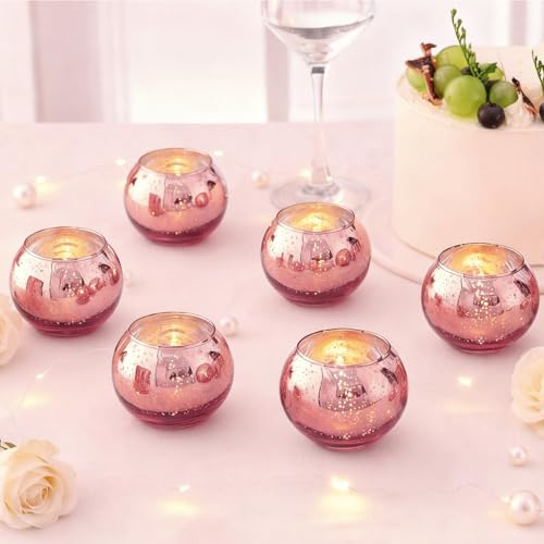 Lot de 6 photophores en verre mercure bleu pour centres de table, maison, fête prénuptiale, anniversaire, décoration de table de fête (6, rose)