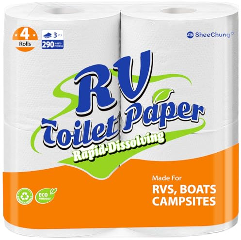 SheeChung RV Toilet Paper - 4 Rolls, Rapid Dissolve, Septic Safe, Travel Toilet Tissue for RVs, Boats, Marine, Camper Accessories - 3 Ply, 290 Sheets