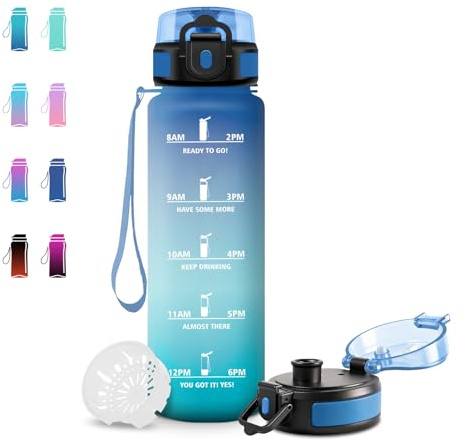 JAPORIA Trinkflasche 500ml, BPA-frei, Wasserflasche mit Filter und Zeitmarkierung, Sportflasche für, Gym, Camping, Wandern, Fahrrad, Yoga