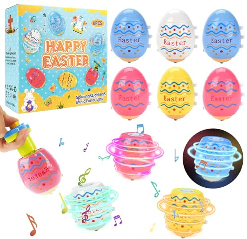 Ostern Geschenke Kinder, 6 Stück Ostereier Leuchtenden Kreiselspielzeugen, Spielzeug Ostern Magisch Blinkende mit Musikkreisel, Ostergeschenke für Kinder ab 3 4 5 6 7 8 9 10 Jahre