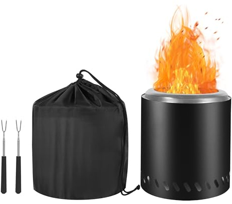 CAMPORG Rauchfreie Feuerschale 22cm Edelstahl – Tragbarer Camping Feuerkorb für 3–5 Personen, Outdoor Tischkamin mit Reisetasche & Grillgabel, Für Garten & BBQ, Schwarz