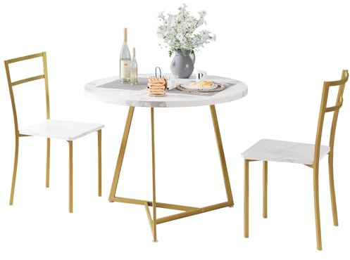 Zstar Juego De Comedor para 2 Personas, Mesa De Cocina Redonda, Juego De Comedor De 3 Piezas para Espacios Pequeños, Apartamento, Oro + Mármol Blanco